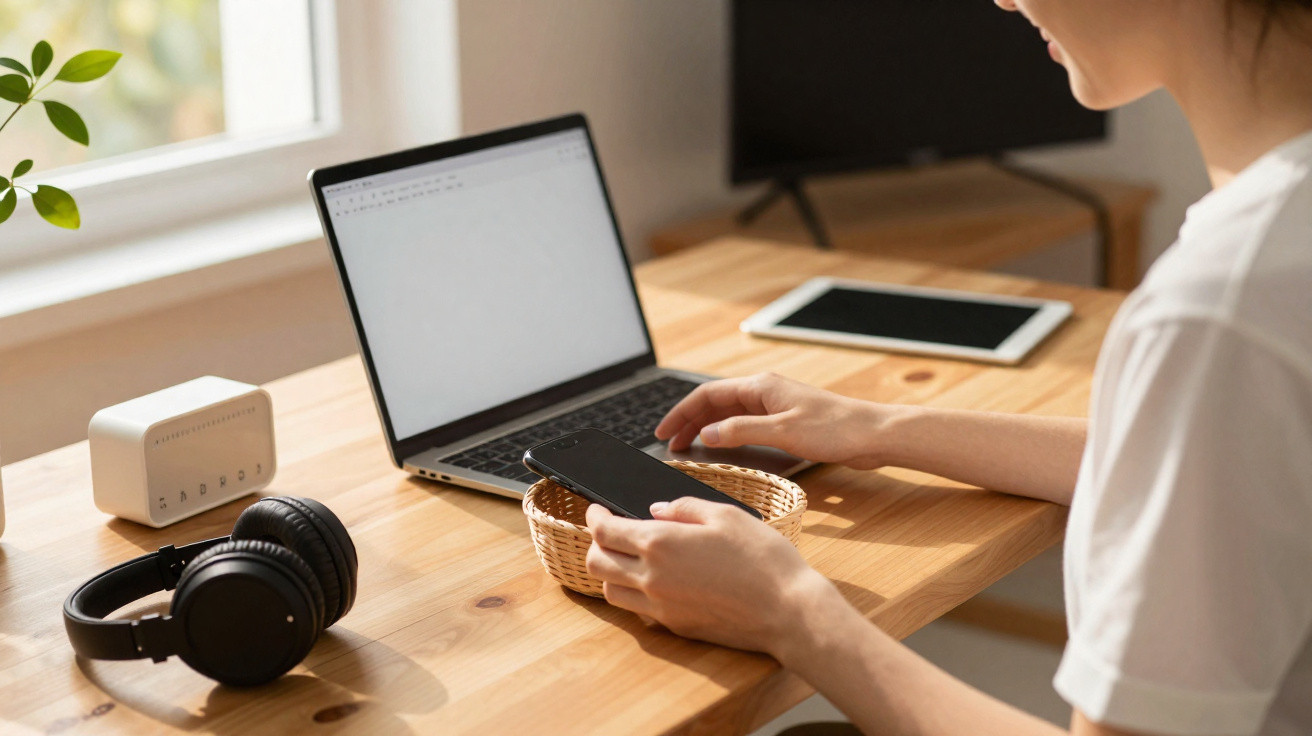 Pessoa a usar telemóvel junto a computador portátil e tablet numa secretária junto à janela.