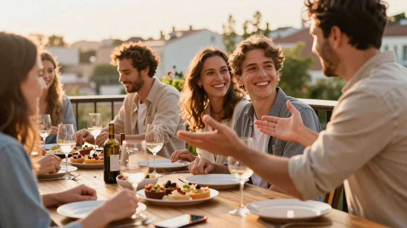 Grupo de amigos sorrindo e a conversar numa mesa ao ar livre com petiscos e vinho branco ao pôr do sol.