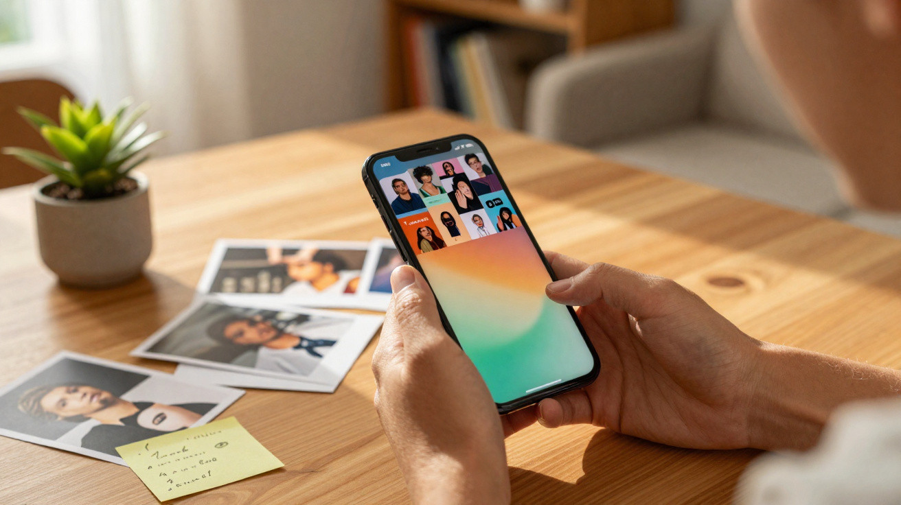 Pessoa a segurar telemóvel com chamadas de vídeo em grupo, fotos e nota num ambiente de trabalho em casa.