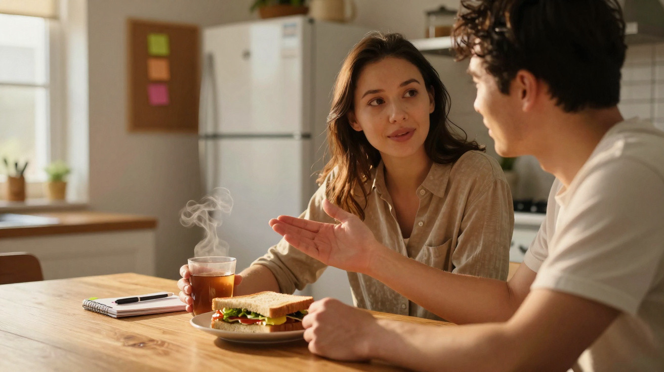 Dois jovens conversam à mesa da cozinha, com sanduíche e chá quente à frente.