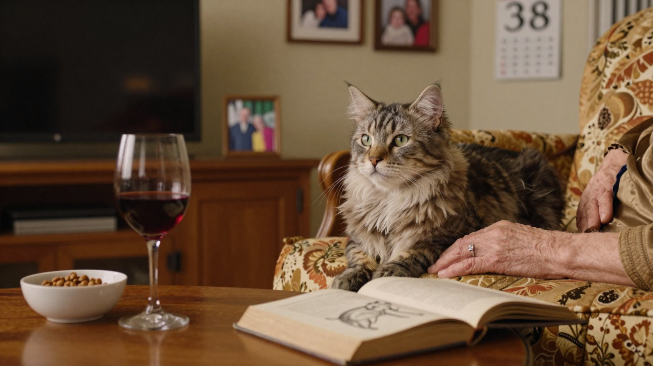 Gato grey tabby sentado ao lado de uma pessoa idosa num sofá com livro aberto e copo de vinho à frente.