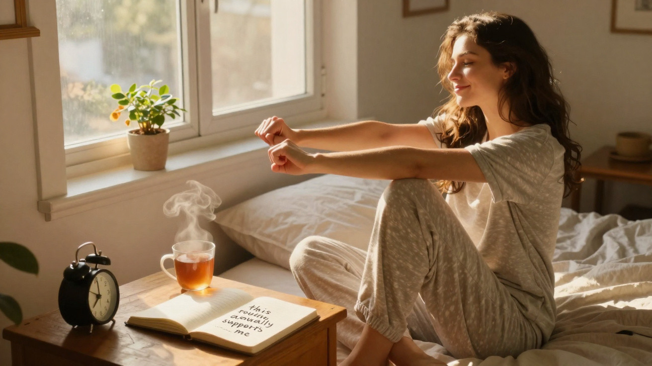 Mulher sentada na cama estica os braços, com chá quente e jornal na mesa ao lado, luz natural entra pela janela.