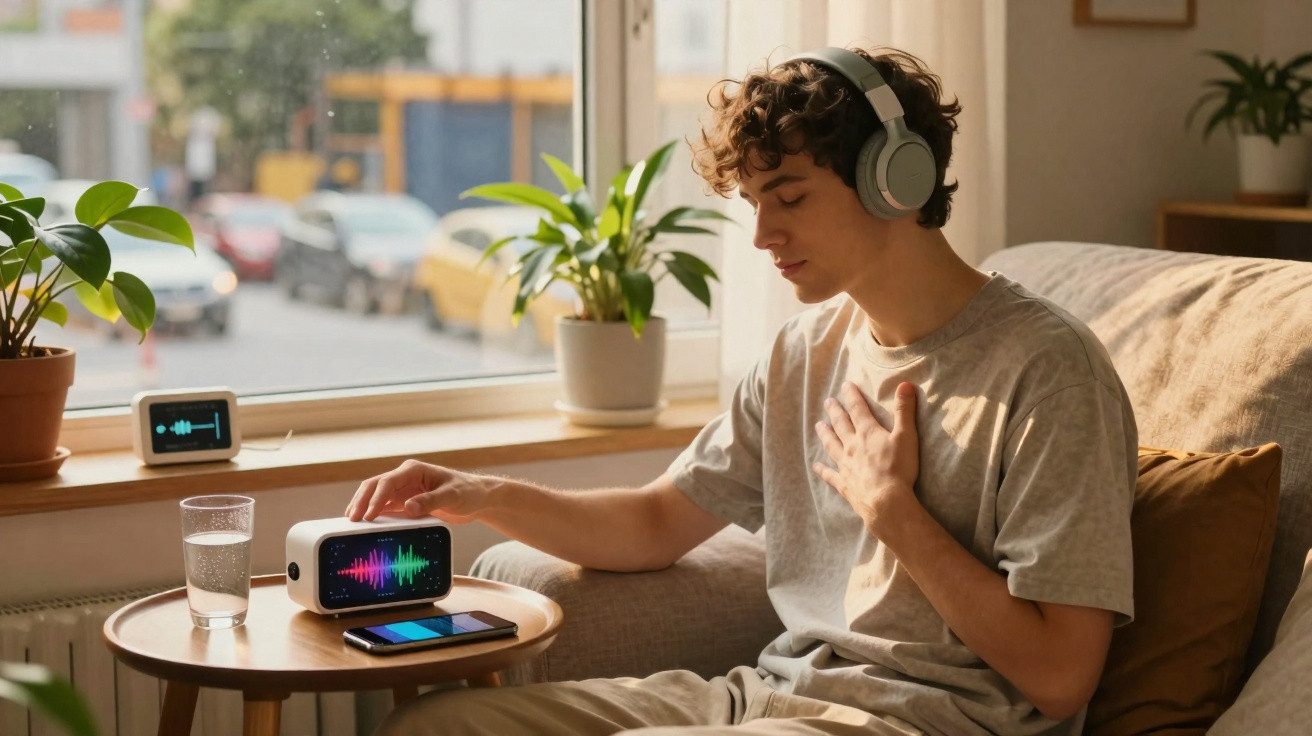 Jovem com auscultadores sentado no sofá, a usar dispositivo com visualização de ondas sonoras.