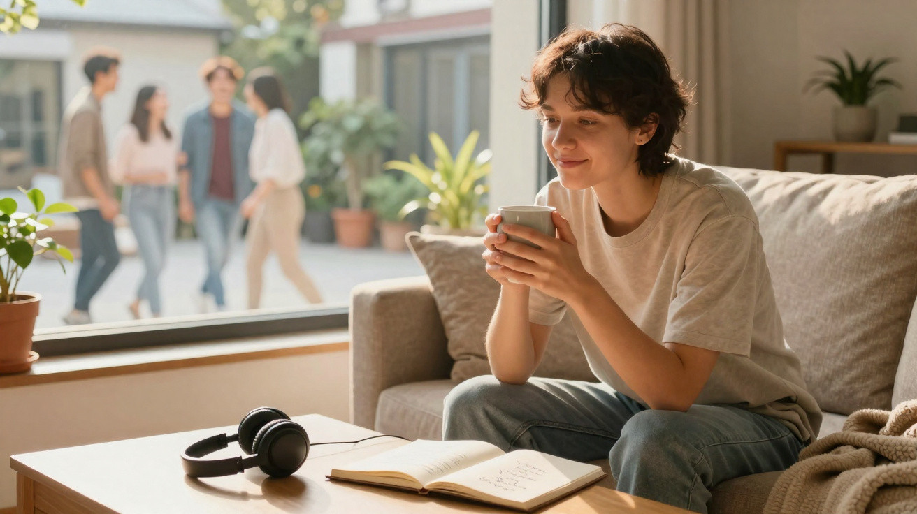 Pessoa sentada num sofá a segurar uma caneca, com auscultadores e um caderno numa mesa à frente, luz natural.
