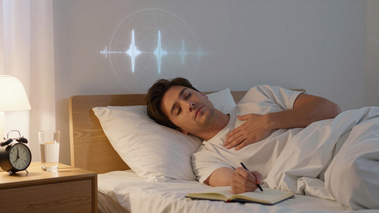 Homem deitado na cama com olhos fechados a escrever num caderno, com onda sonora digital acima da cabeça.