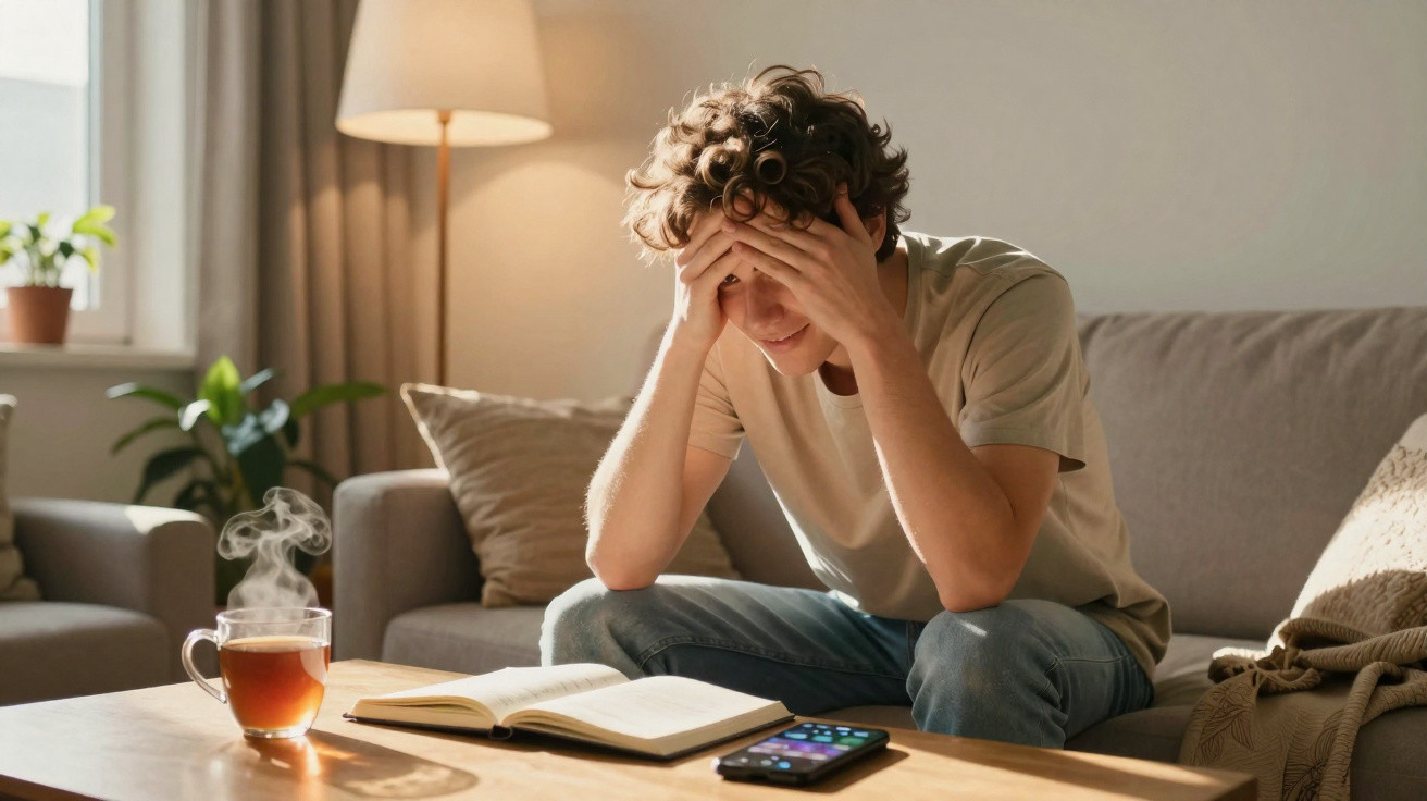 Jovem sentado no sofá com expressão preocupada, lendo um livro, com chá quente e telemóvel numa mesa.