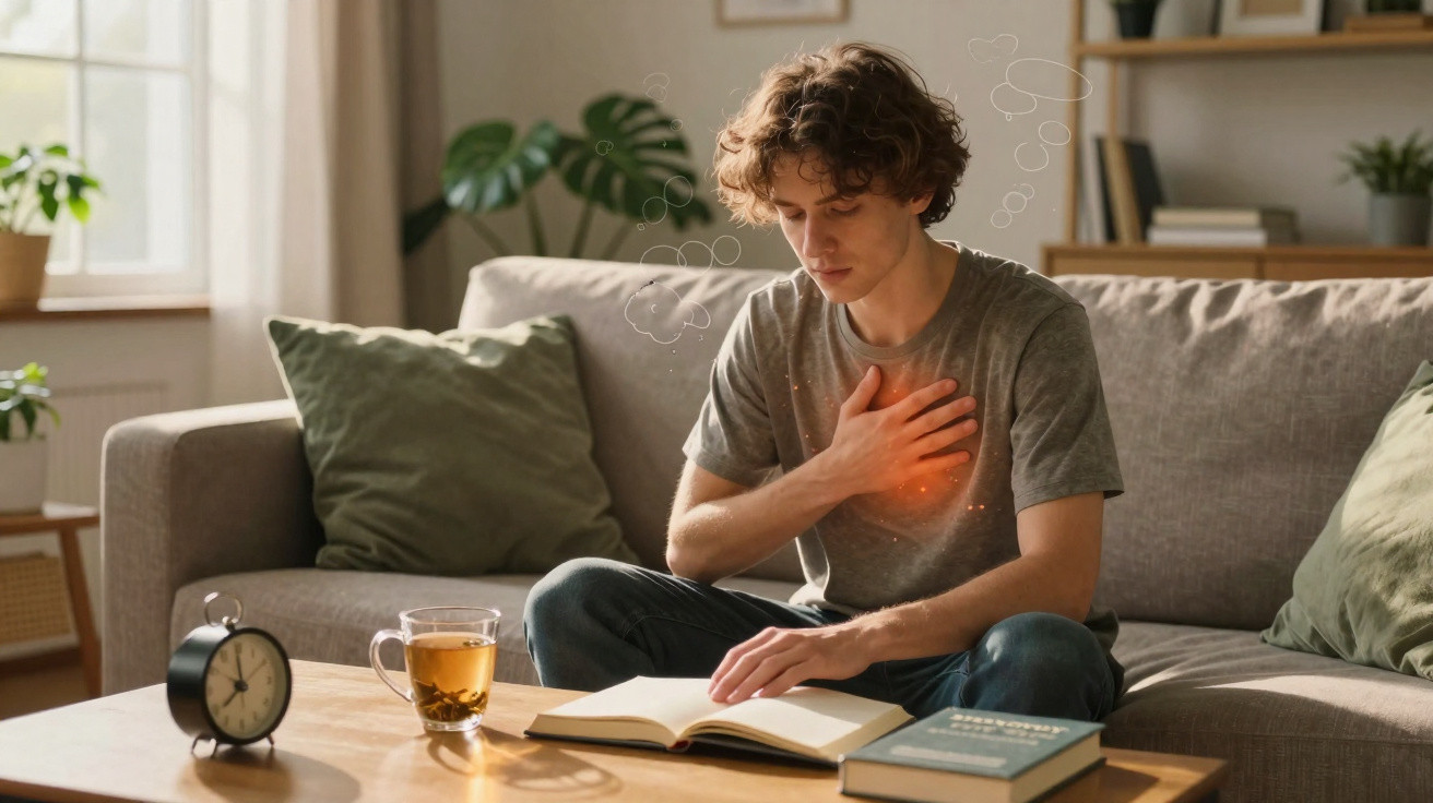 Jovem sentado no sofá, com dor no peito, lendo um livro numa sala iluminada e confortável.