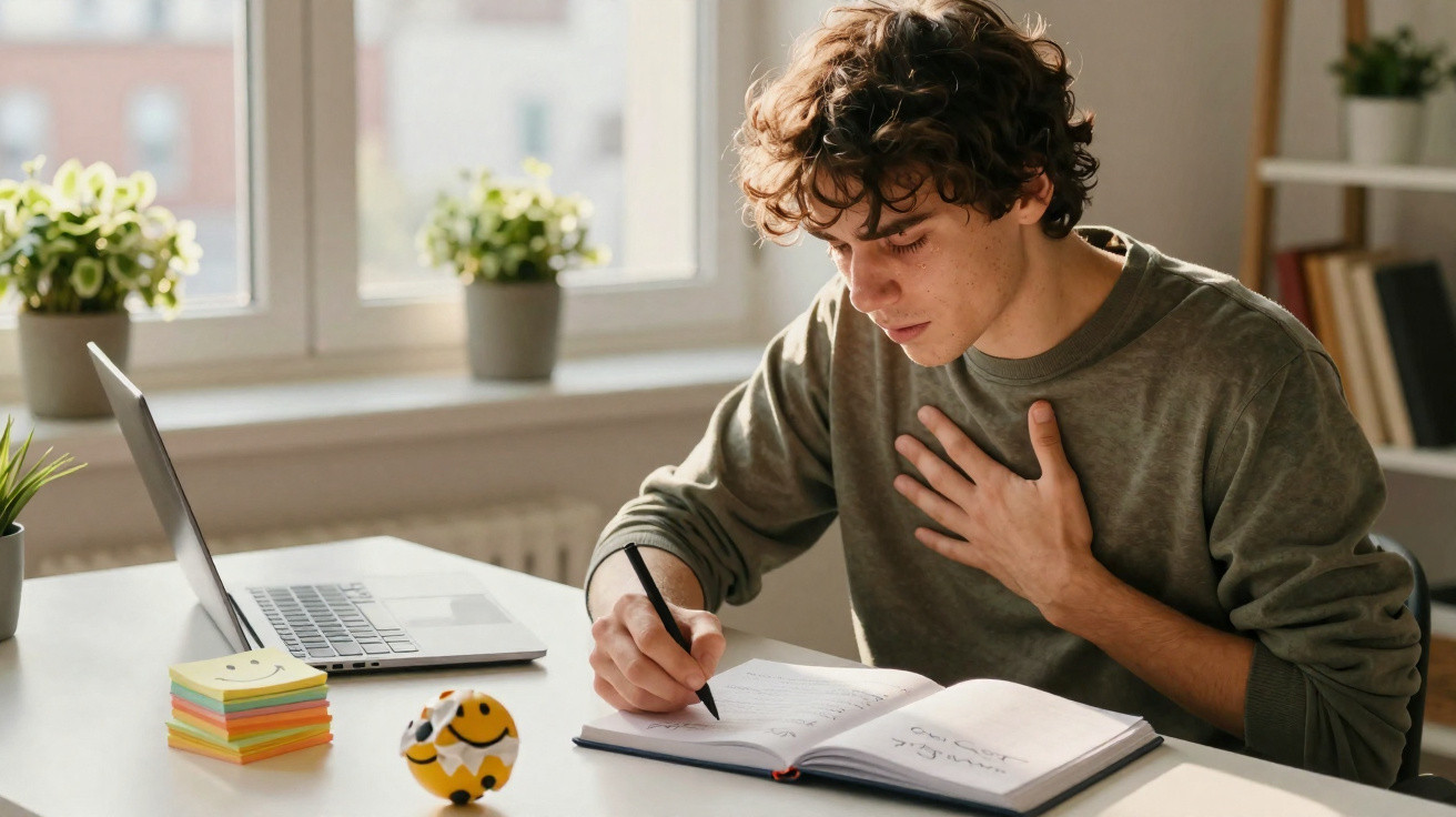 Jovem sentado a escrever num caderno, com computador portátil e plantas numa mesa iluminada por luz natural.