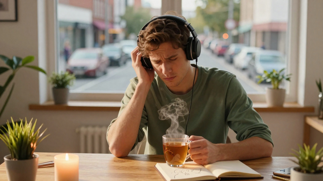 Jovem com auscultadores a ouvir música, a cheirar chá quente, sentado à mesa com caderno aberto.