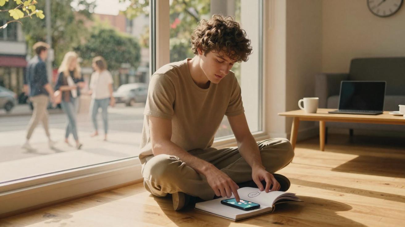 Jovem sentado no chão junto a uma janela grande, usando um smartphone com um caderno aberto à sua frente.