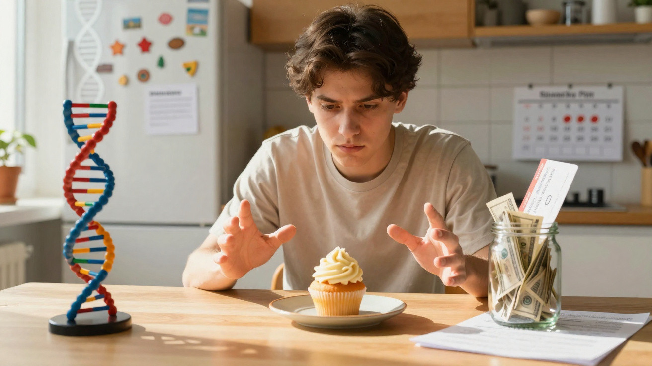 Jovem sentado à mesa, focado num cupcake, com modelo de DNA e frasco com dinheiro ao lado.