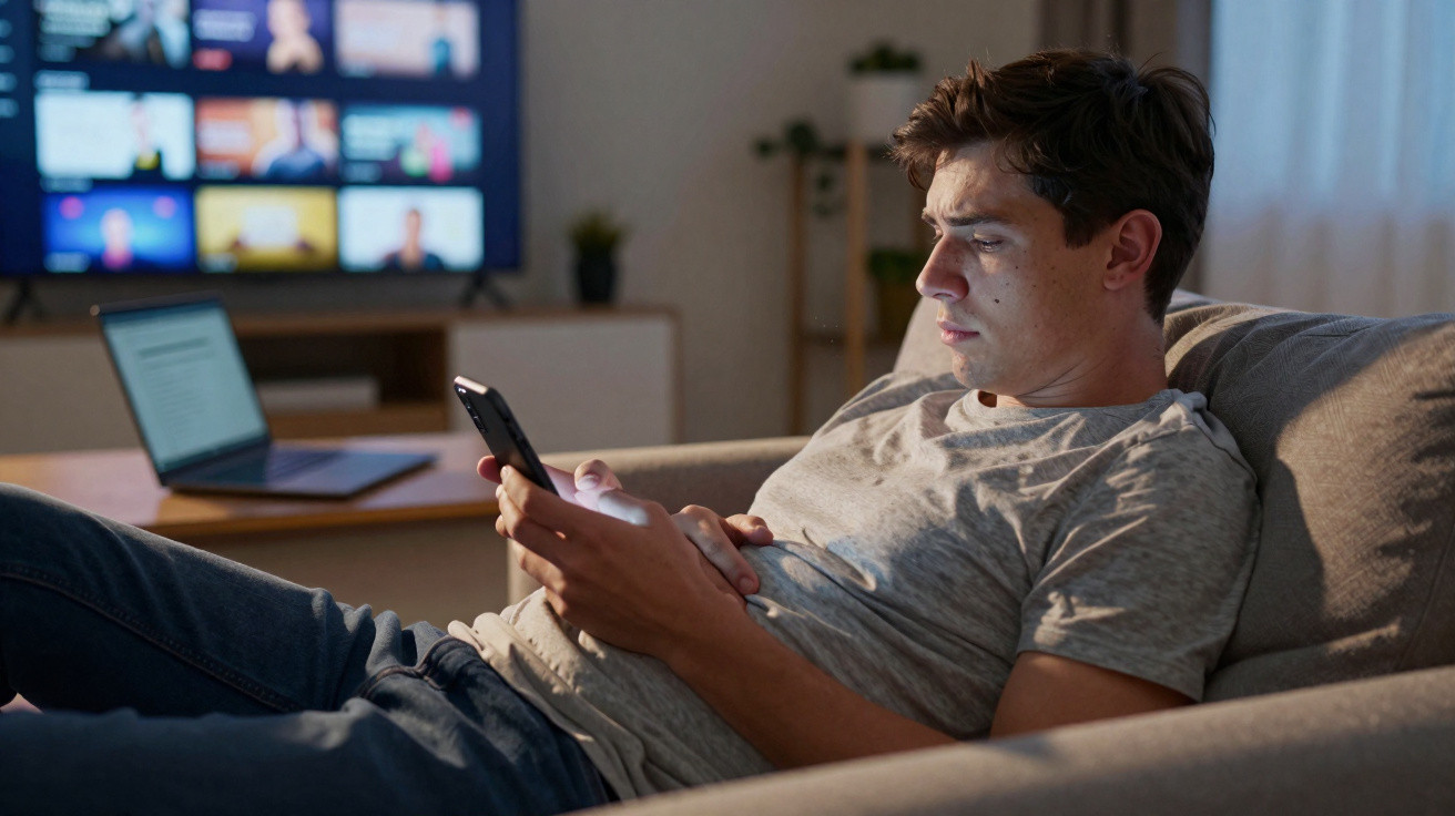 Homem jovem sentado no sofá a usar telemóvel com televisor e portátil ligados ao fundo.