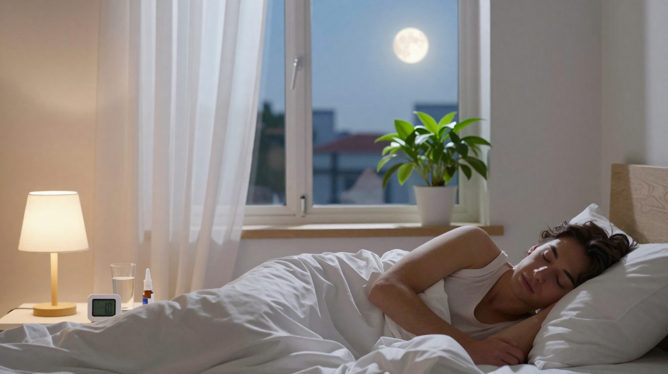 Mulher a dormir numa cama branca, com janela aberta e lua cheia visível no céu noturno.