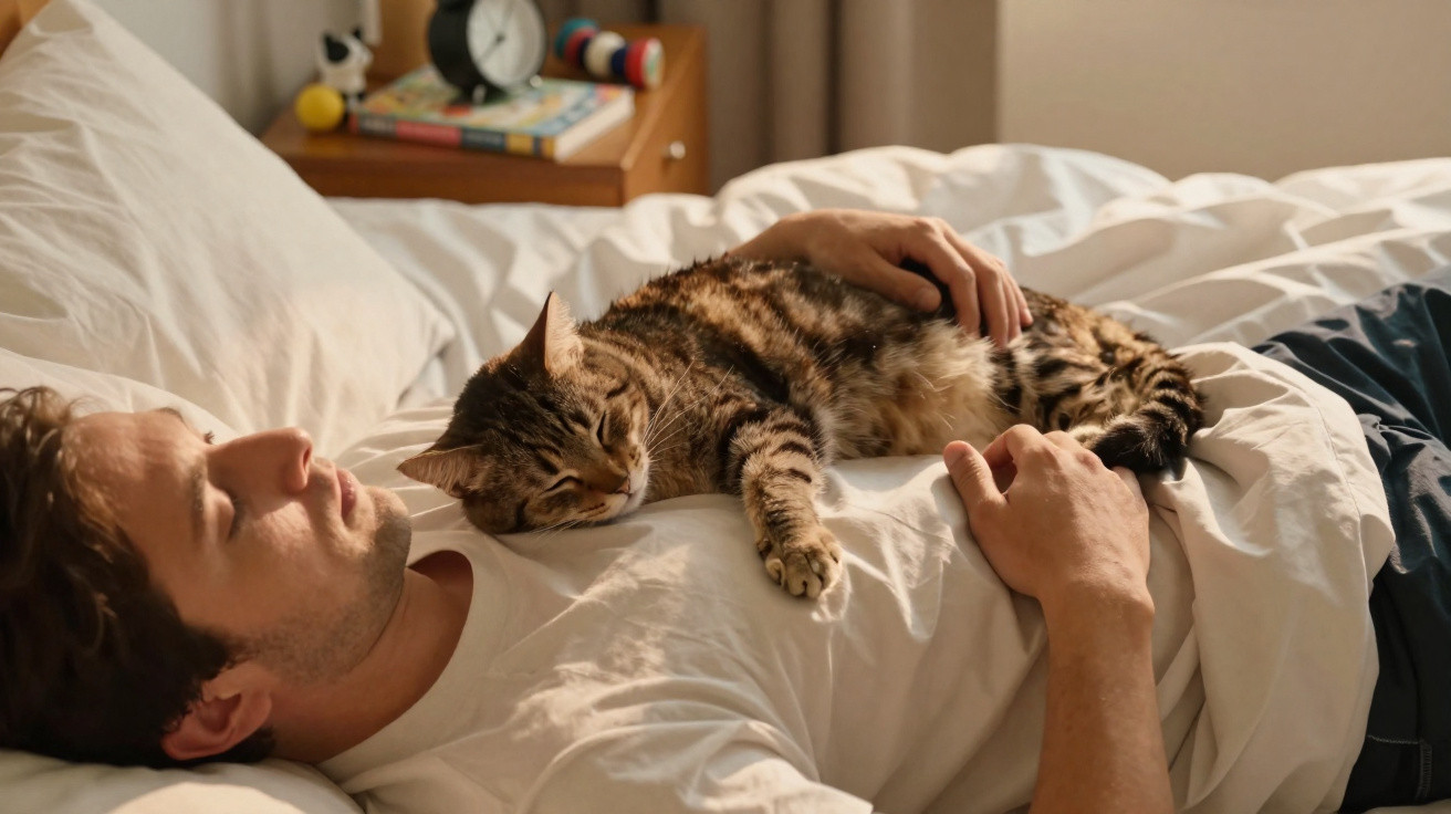 Homem deitado na cama com gato deitado no peito, ambos de olhos fechados num ambiente acolhedor.