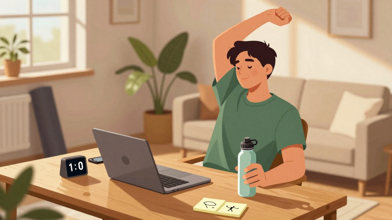 Homem a espreguiçar-se sentado numa secretária com computador portátil e garrafa de água.