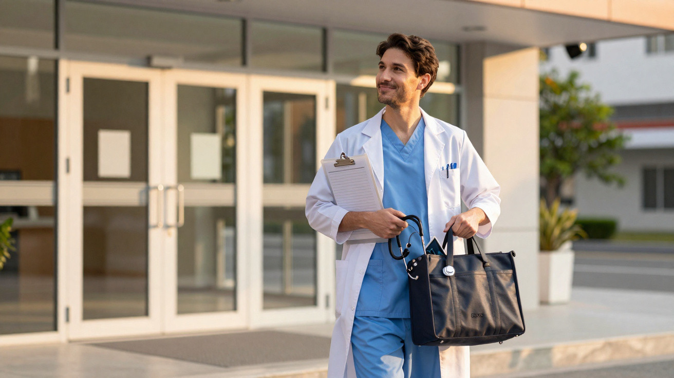 Médico com bata branca e uniforme azul segura pasta, estetoscópio e prancheta em frente a hospital.