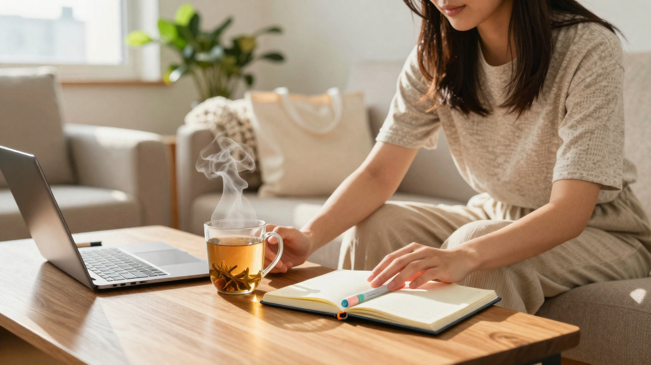 Pessoa sentada no sofá a escrever num caderno com chá quente e computador portátil sobre mesa de madeira.