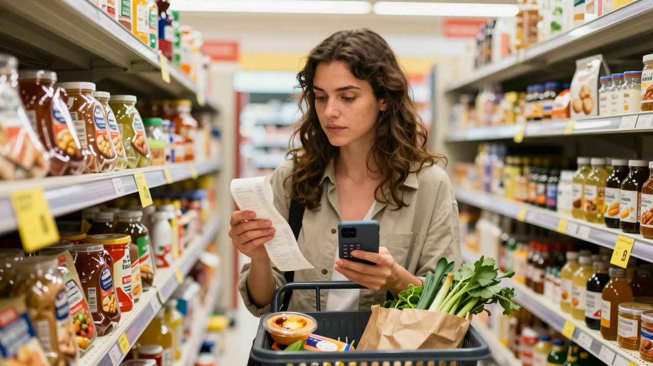 Mulher com carrinho de compras a consultar lista e telefone num supermercado rodeada de prateleiras com produtos.