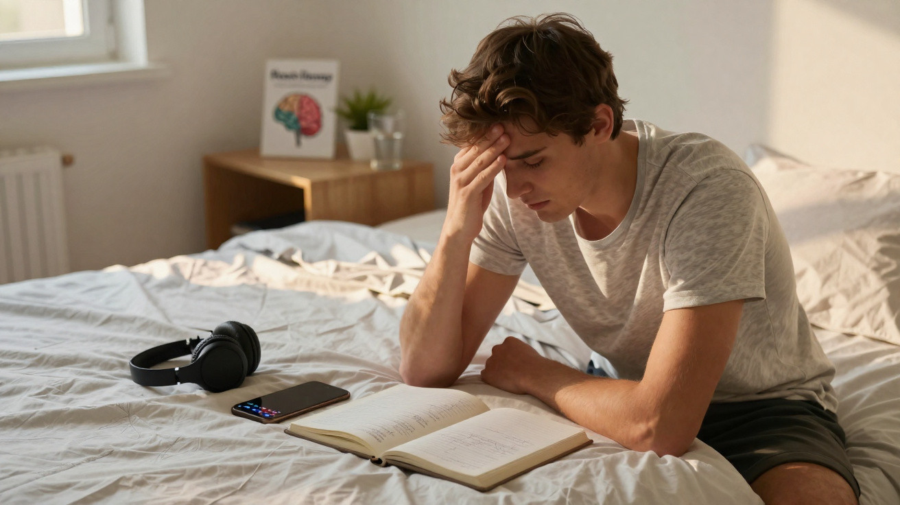 Jovem sentado na cama com expressão preocupada, lendo um livro aberto, com auscultadores e telemóvel ao lado.