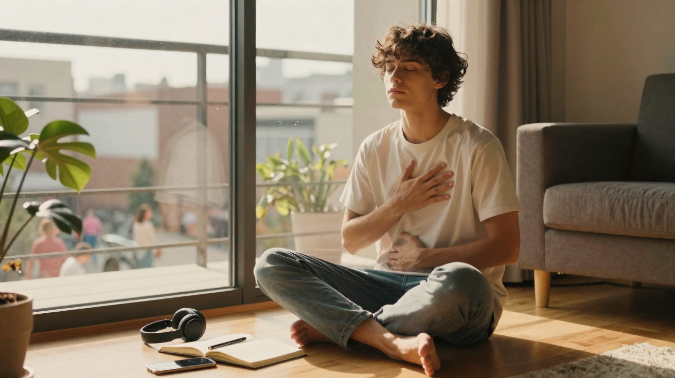Jovem sentado no chão com olhos fechados, mão no peito, a praticar meditação junto a uma janela grande.