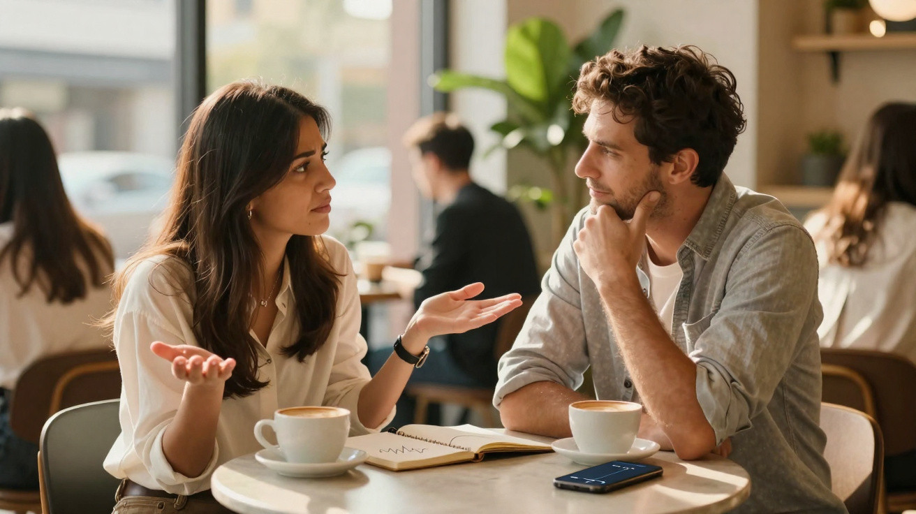 Duas pessoas numa conversa séria num café, com chávenas e um caderno à sua frente.
