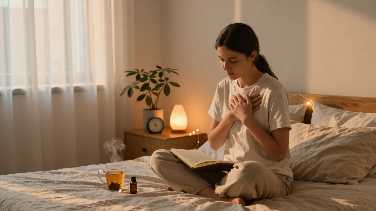 Mulher sentada na cama a ler um livro, com chá quente e óleo essencial na mesa de cabeceira.