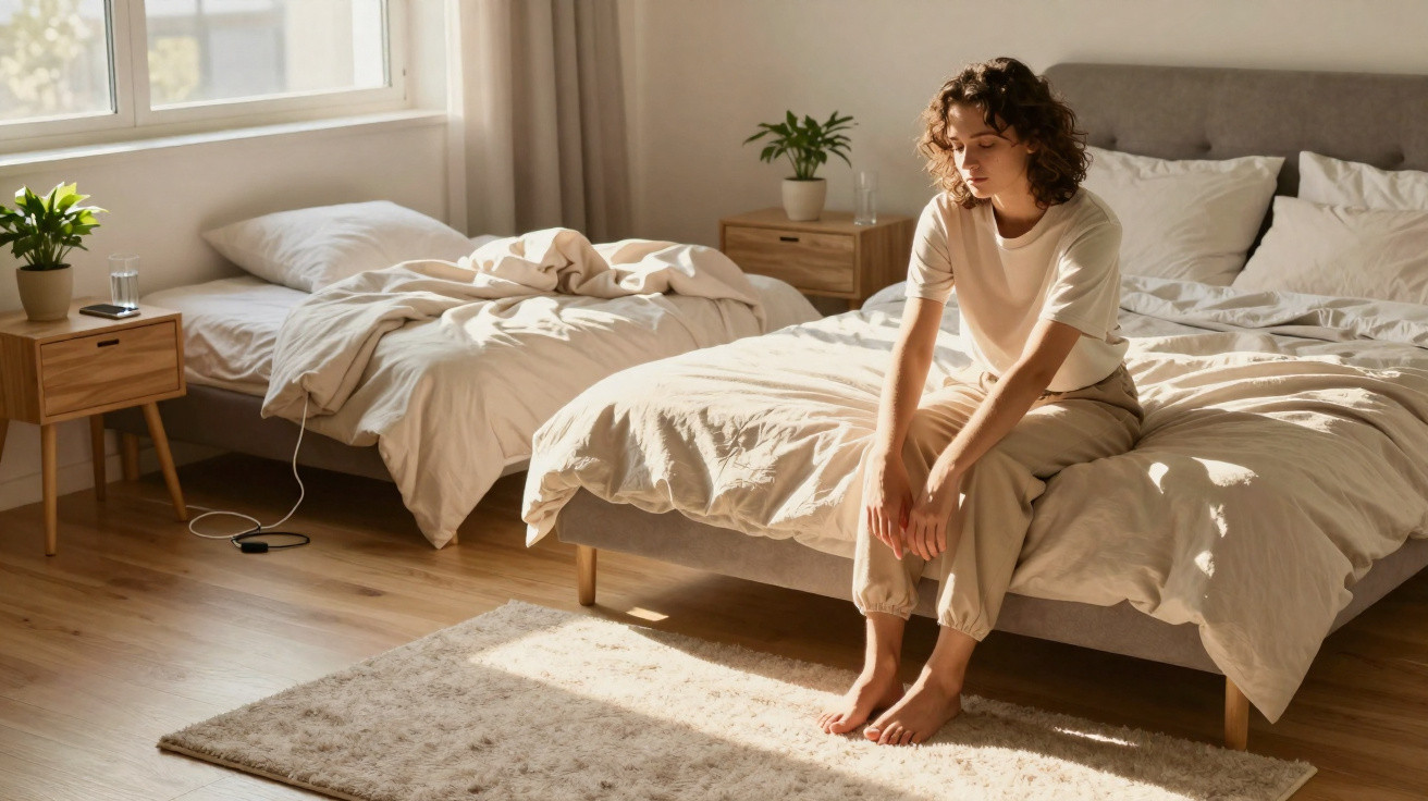 Mulher sentada na cama em quarto iluminado, com expressão pensativa e roupa clara, em ambiente acolhedor.
