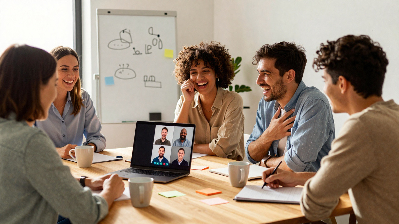 Grupo diversificado em reunião híbrida com videoconferência, sorrindo e a discutir ideias em escritório moderno.
