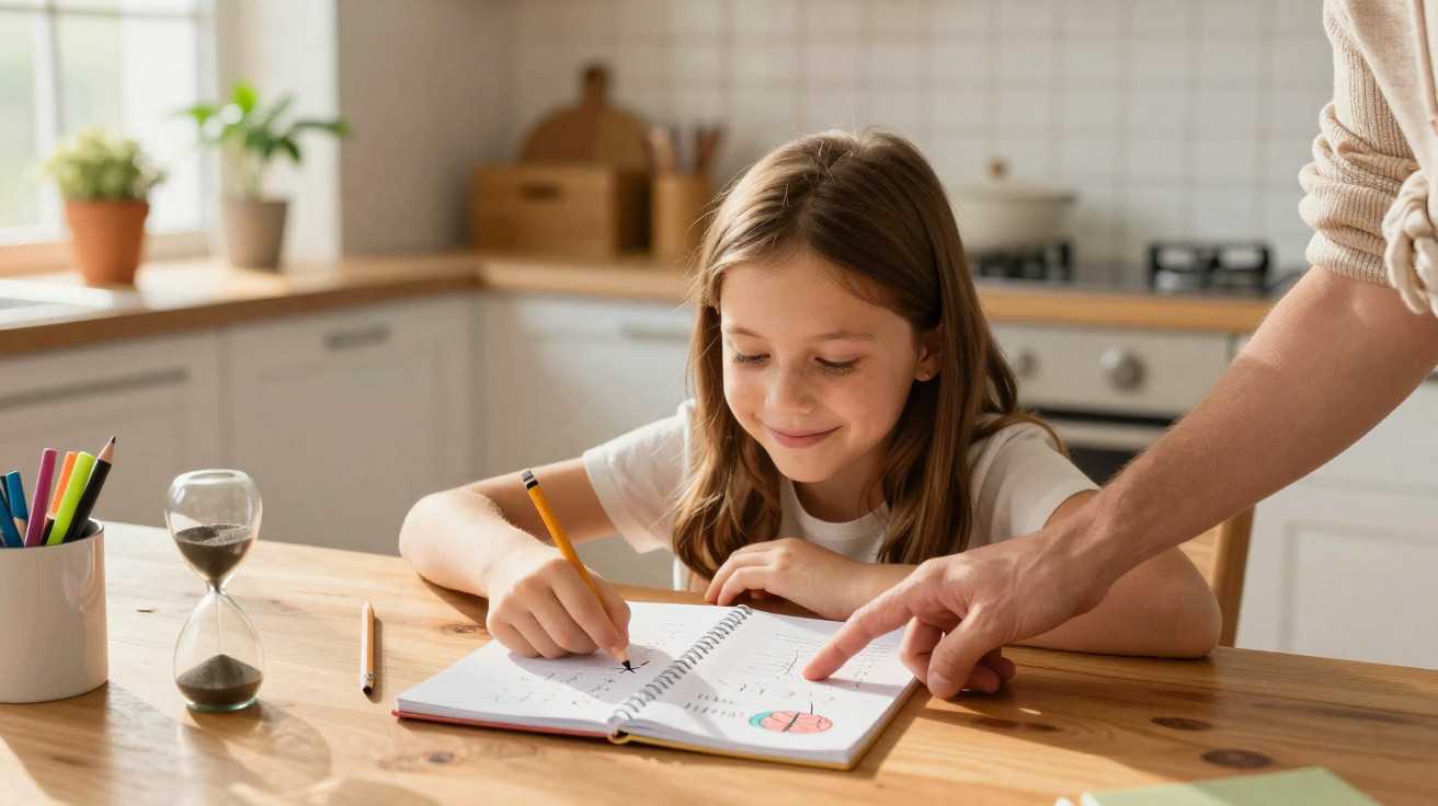 Criança a fazer os trabalhos de casa na cozinha com ajuda de um adulto que aponta num caderno aberto.