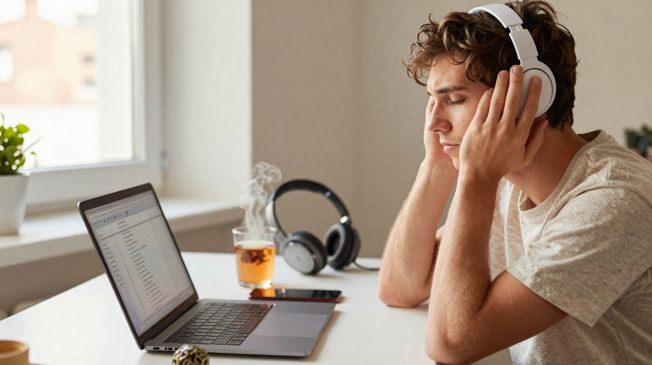 Jovem com auscultadores a ouvir música junto a laptop numa mesa com chá quente e auscultadores adicionais.