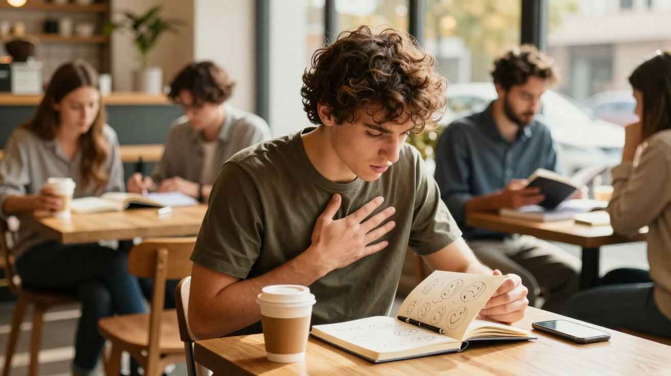 Jovem sentado numa mesa de café a ler um caderno com desenhos, rodeado por outras pessoas a estudar.