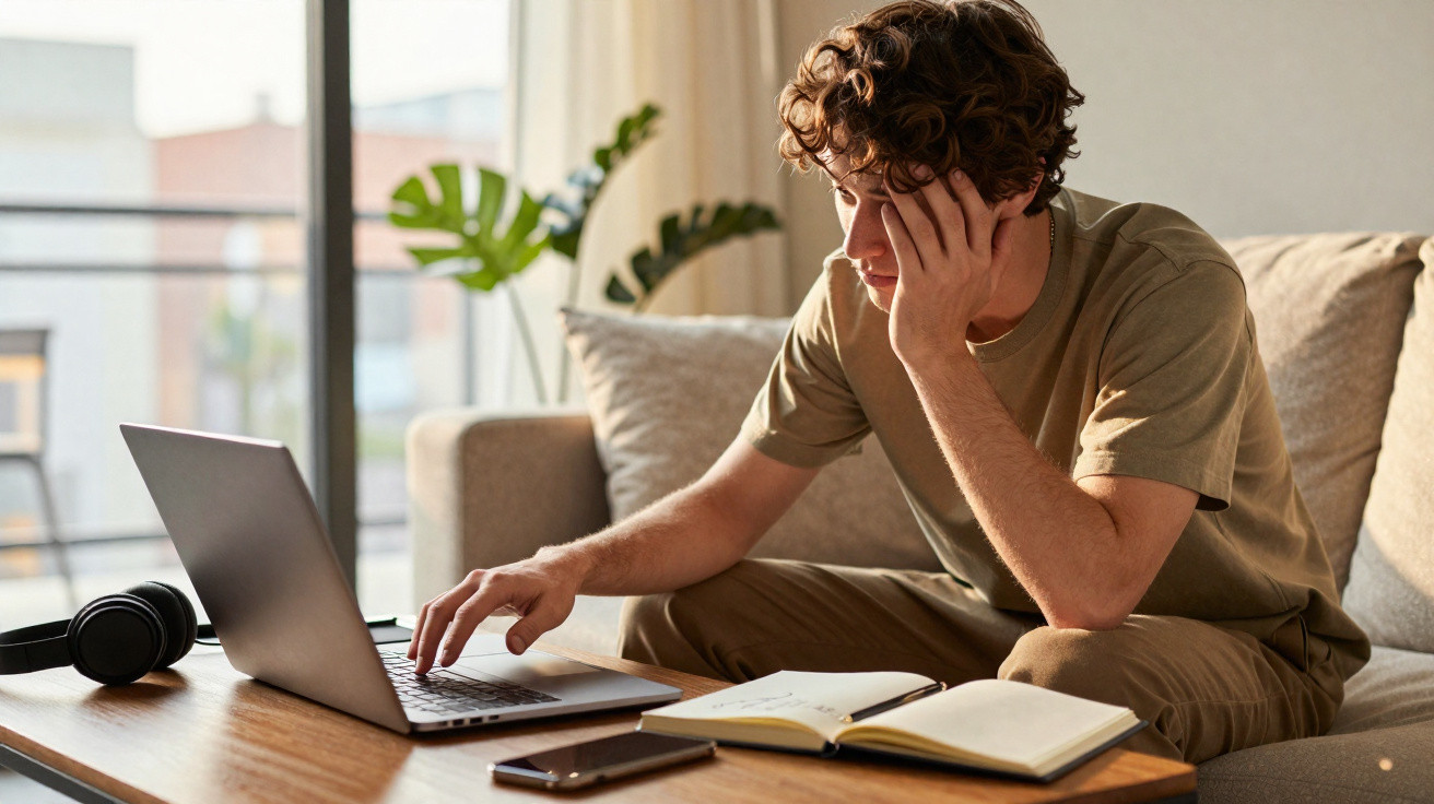 Jovem sentado no sofá a usar computador portátil, rodeado por caderno, telemóvel e auscultadores.
