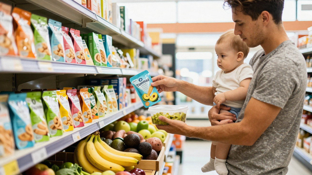 Homem com bebé ao colo escolhe snack numa prateleira num supermercado luminoso e organizado.
