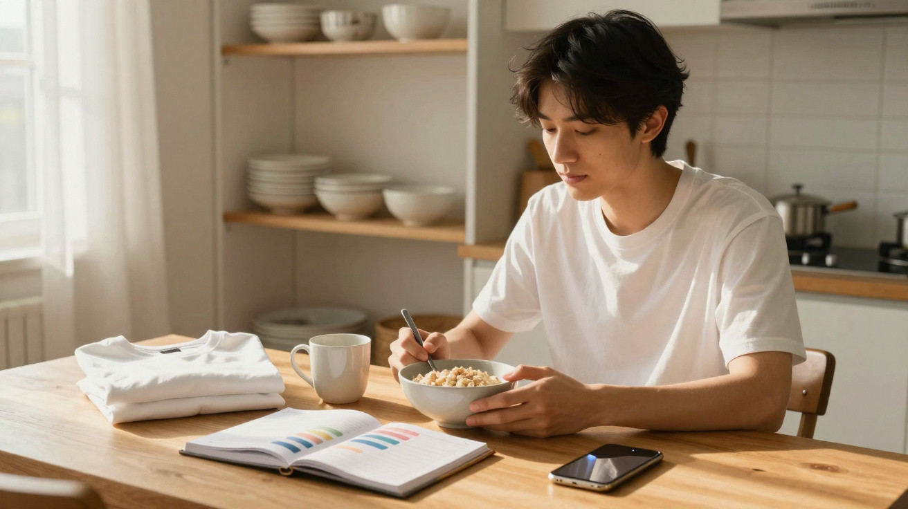 Jovem sentado à mesa a comer cereais, com caderno aberto, telemóvel e caneca numa cozinha iluminada.