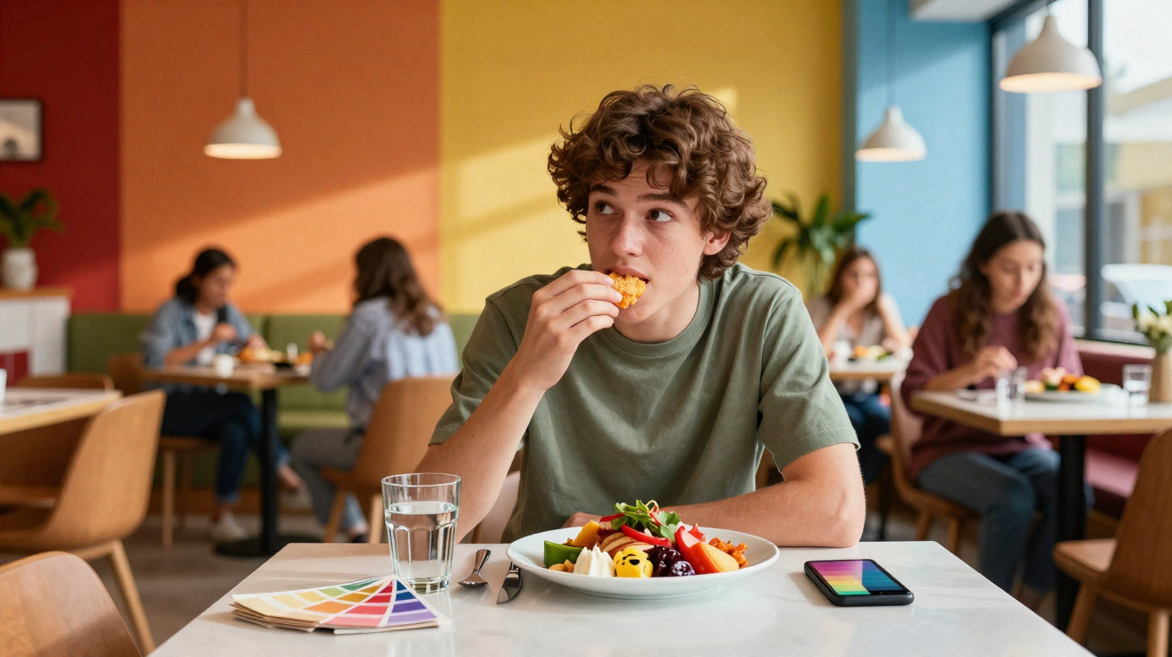 Jovem a comer numa mesa com prato colorido, copo de água, telefone e amostras de cores num restaurante.