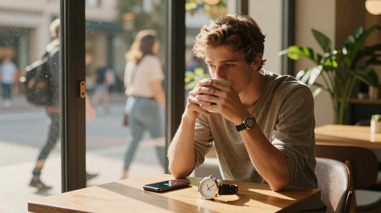 Jovem sentado numa cafetaria a beber uma chávena de café junto à janela, com telemóvel e relógio na mesa.