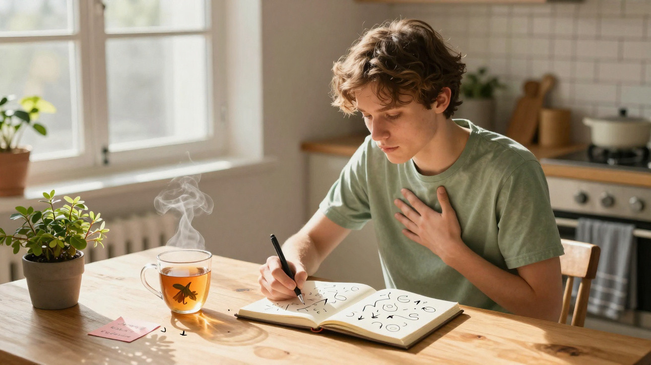Jovem sentado a desenhar num caderno à mesa com chá quente numa cozinha bem iluminada.
