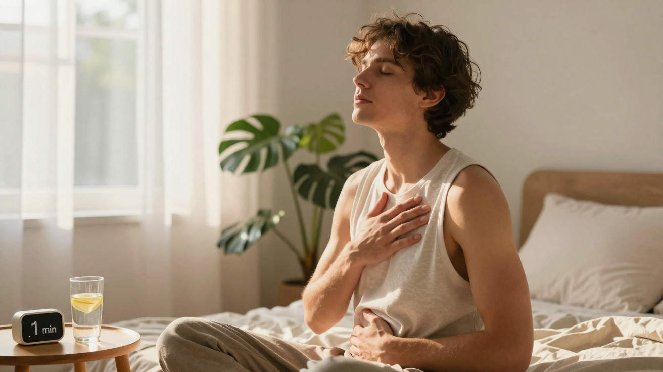 Homem a praticar meditação sentado na cama, com um relógio digital e um copo de água à sua frente.