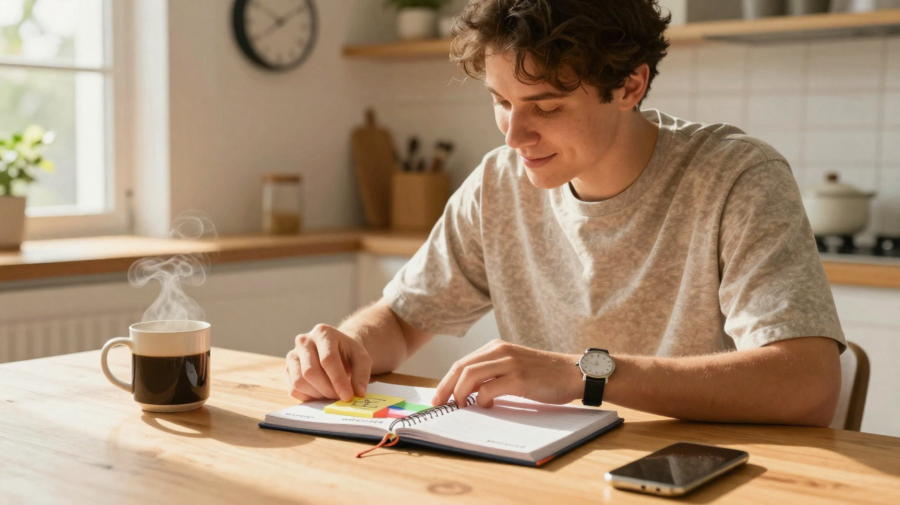 Jovem sentado à mesa a planear com agenda aberta, chá quente e telemóvel na cozinha iluminada.