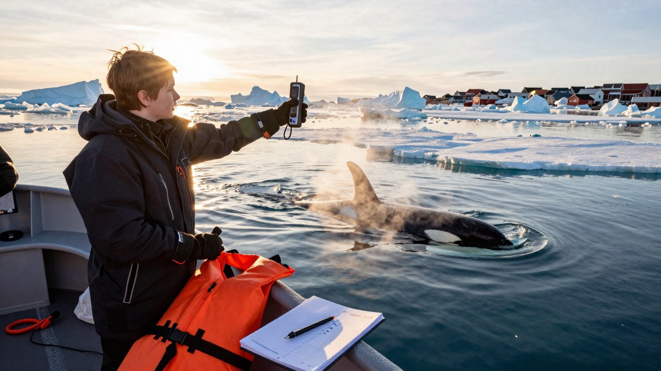 Pessoa em barco regista orca perto de gelo e casas numa paisagem ártica ao pôr do sol.