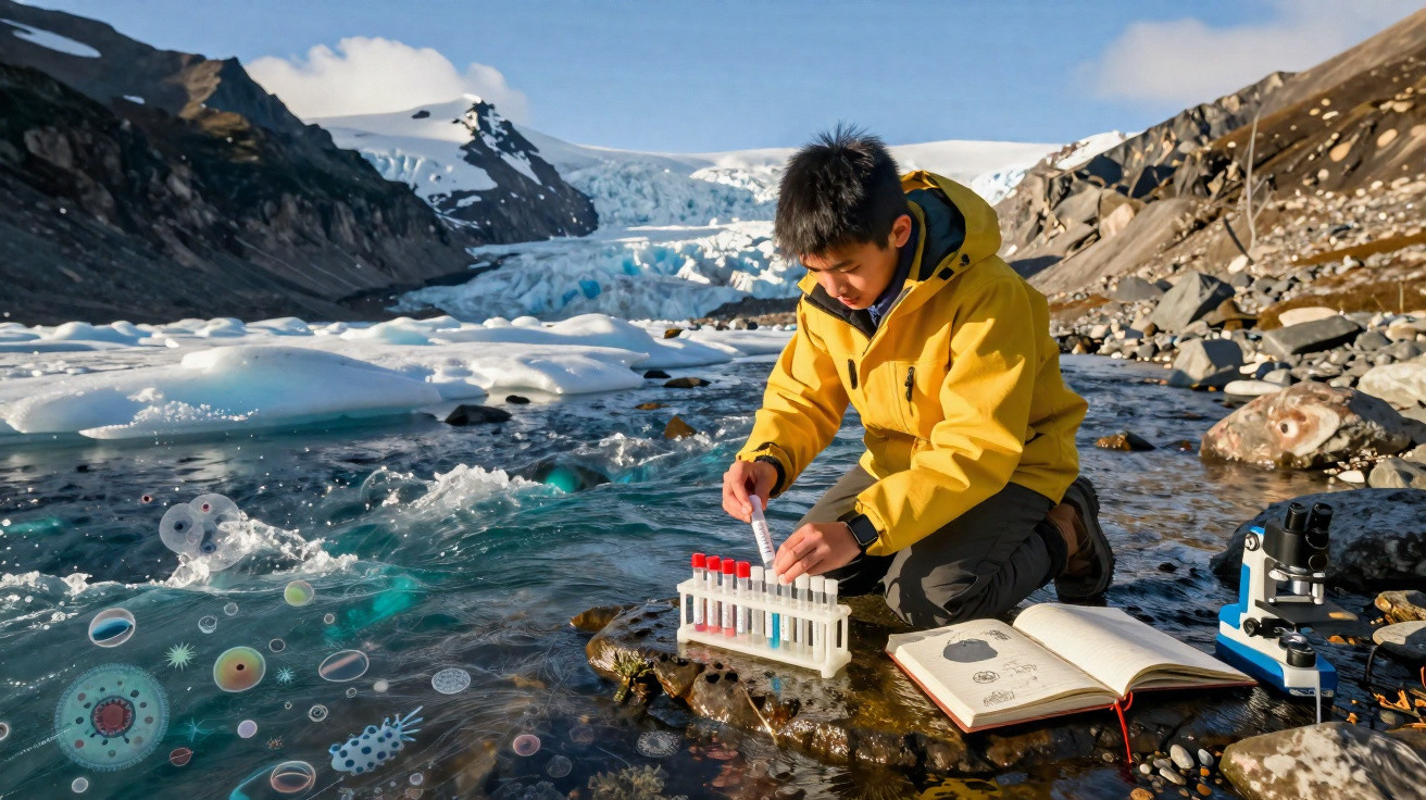 Criança em casaco amarelo coleta amostras de água junto a glaciar, rodeada por tubos, livro aberto e microscópio.