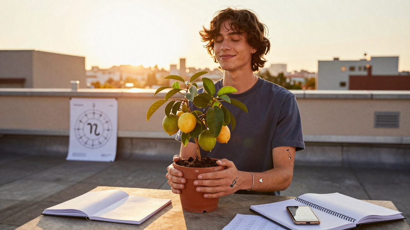 Jovem a sorrir segurando um vaso com limoeiros, sentado numa mesa com cadernos e telemóvel ao pôr do sol.