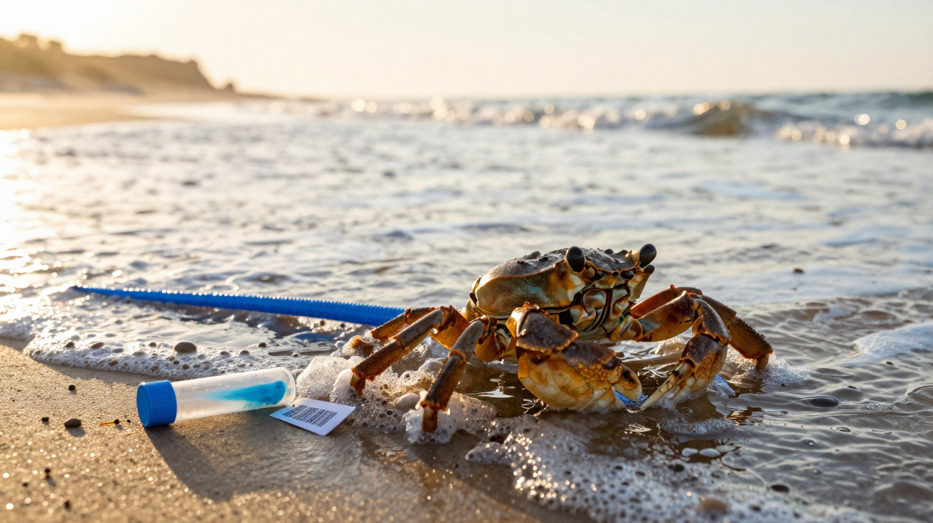 Caranguejo na areia junto a um cotonete azul e um tubo pequeno num ambiente de praia ao pôr do sol.