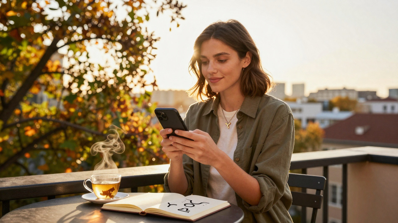 Mulher sentada numa varanda a utilizar o telemóvel com chá e caderno numa mesa ao pôr do sol.