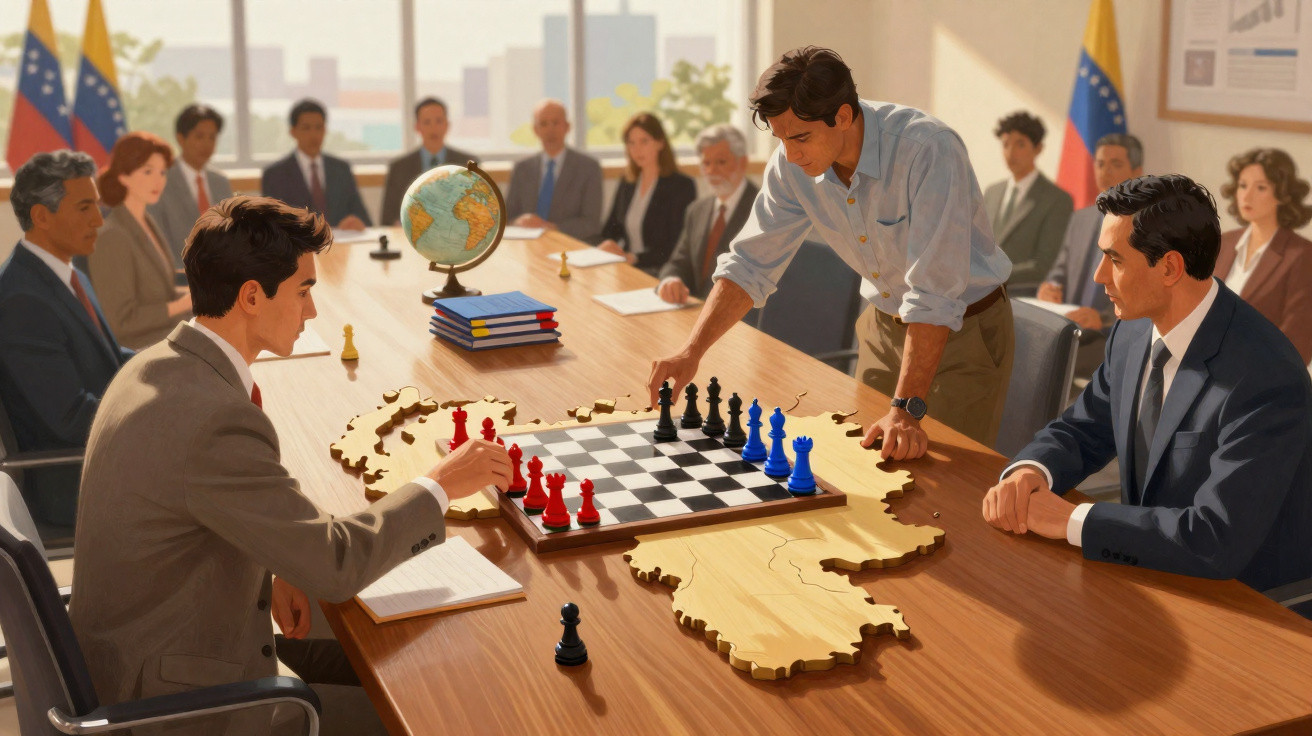 Reunião formal com várias pessoas e jogo de xadrez sobre mapa de madeira da Venezuela na mesa.