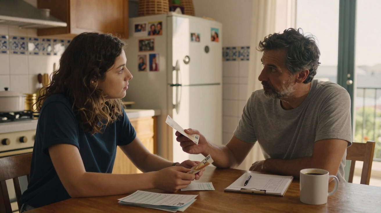 Homem e mulher sentados à mesa da cozinha a discutir documentos e contas.