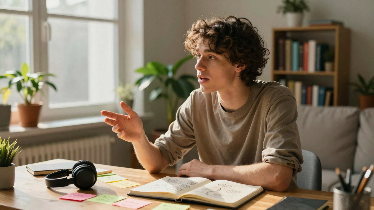 Jovem com cabelo encaracolado sentado à mesa a discutir ideias com caderno aberto e post-its coloridos.