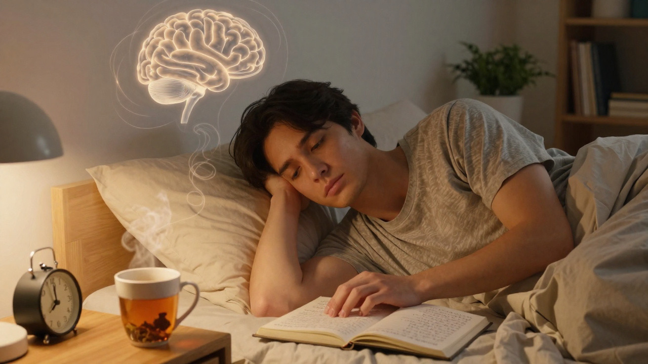 Homem deitado na cama a ler um livro, com uma ilustração de cérebro luminosa acima da sua cabeça.