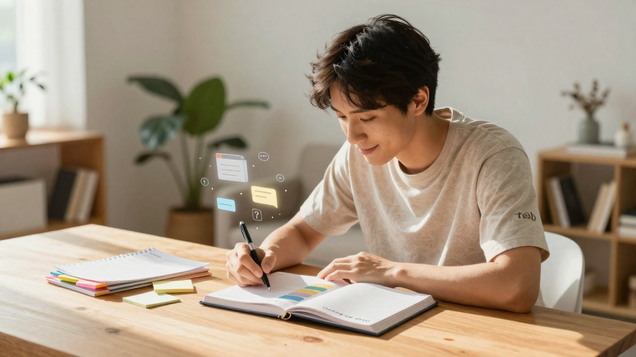 Jovem sentado à mesa a escrever num caderno com notas virtuais a flutuar ao lado, em ambiente calmo.