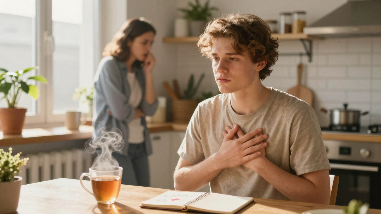 Jovem sentado à mesa com expressão preocupada e mulher ao fundo na cozinha, falando ao telemóvel.